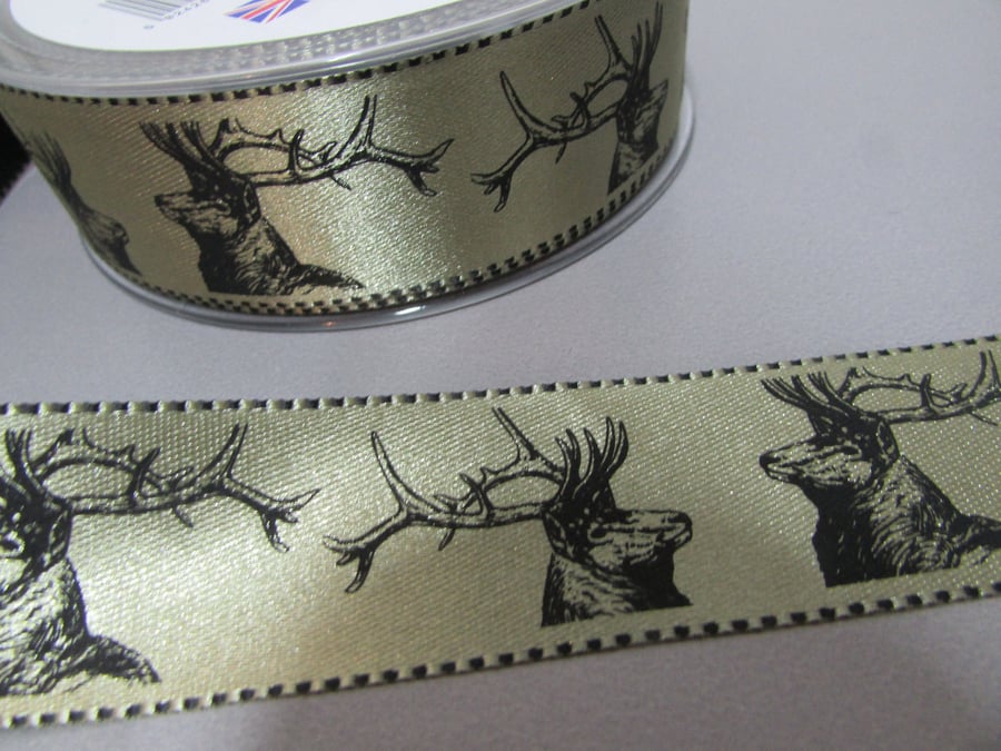 Satin Stag 2.5cm Ribbon x 1 metre available in gold silver or copper