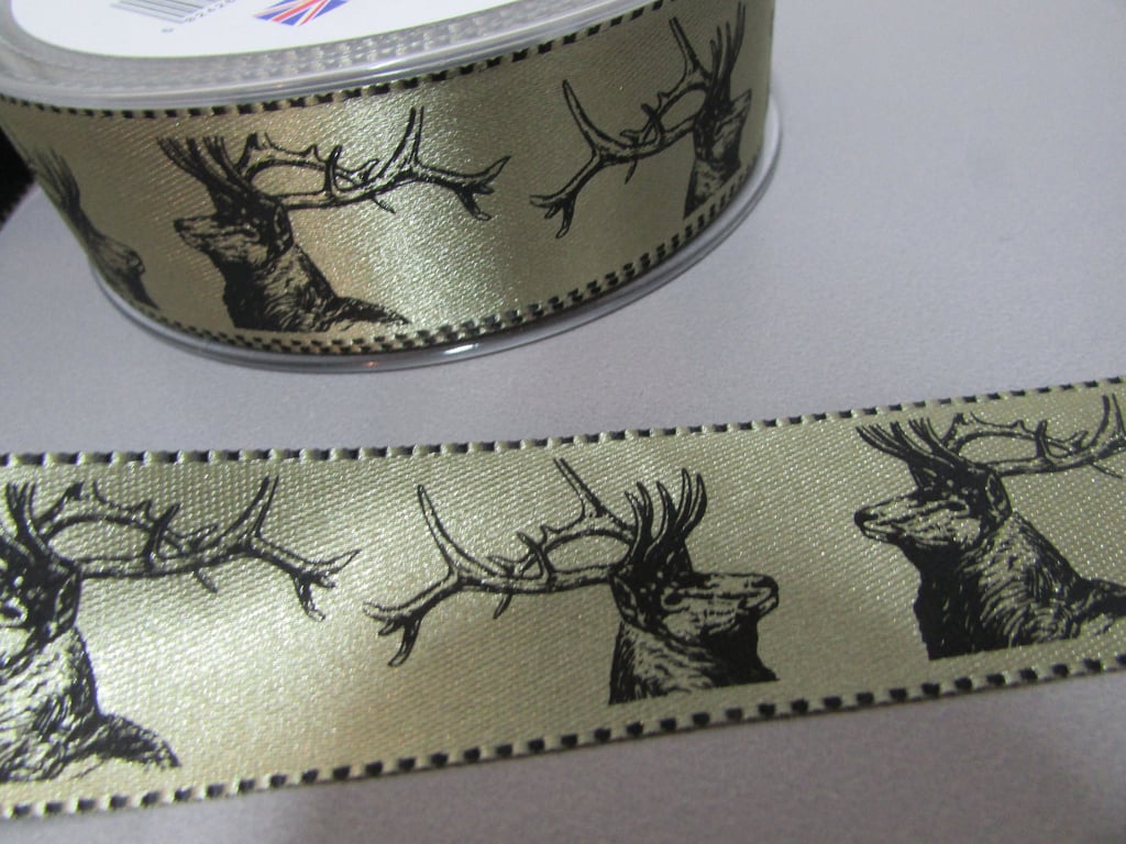 Satin Stag 2.5cm Ribbon x 1 metre available in gold silver or copper