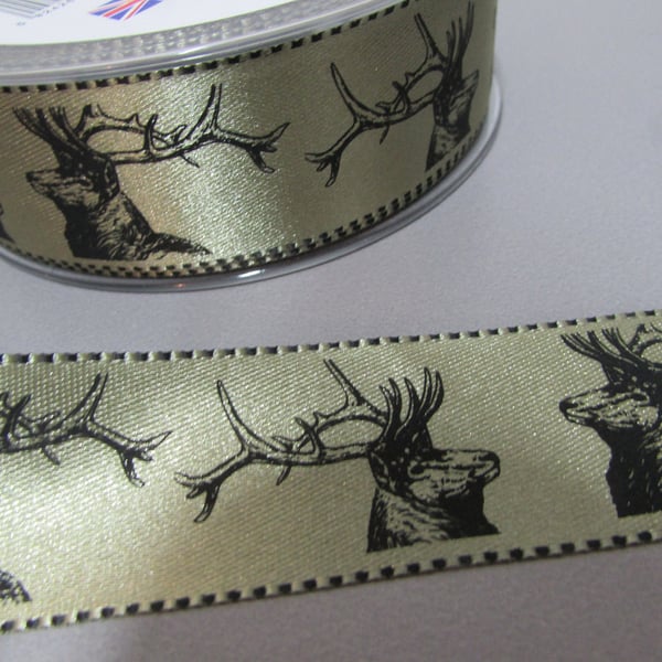 Satin Stag 2.5cm Ribbon x 1 metre available in gold silver or copper