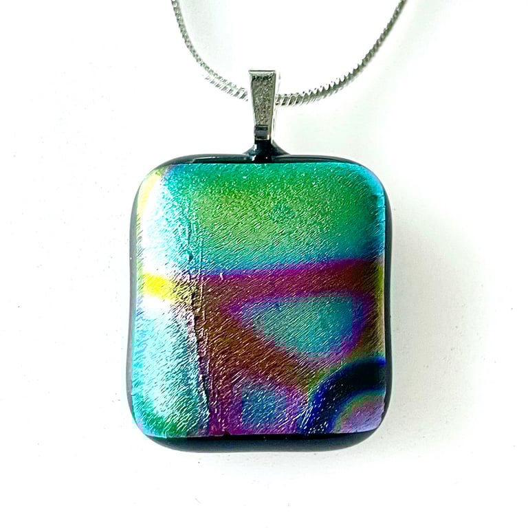 Corkscrew Pattern Dichroic Fused Glass Pendant Necklace 