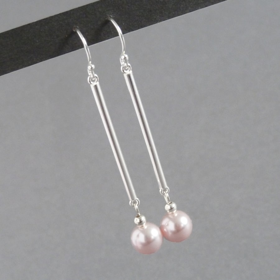 Long Blush Pearl & Silver Bar Drop Earrings - Simple Light Pink Dangle Earrings