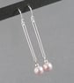 Long Blush Pearl & Silver Bar Drop Earrings - Simple Light Pink Dangle Earrings - Image 1