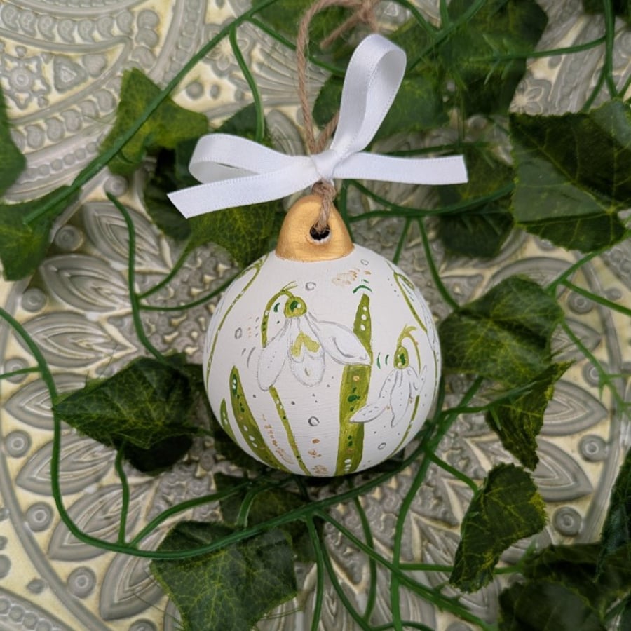 Snowdrop hand-painted Christmas ceramic bauble