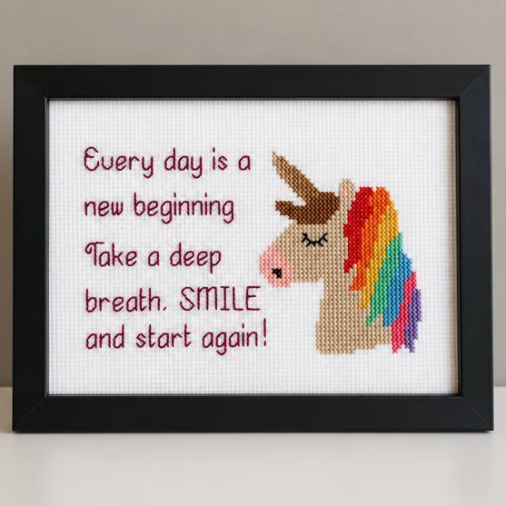 Unicorn Cross Stitch – Every Day Is a New Beginning – Inspirational Framed Gift 
