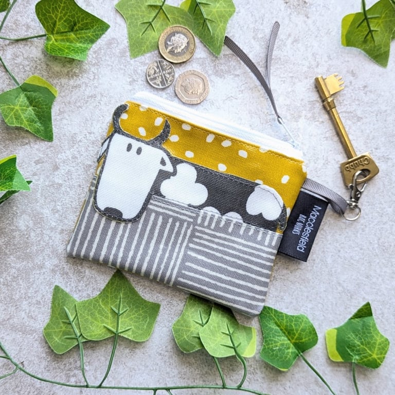 Oilcloth Small Coin or Card Purse with Applique Cow Design 