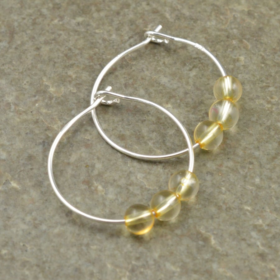 Boho Yellow Citrine Gemstone & 20mm Sterling Silver Hoop Earrings