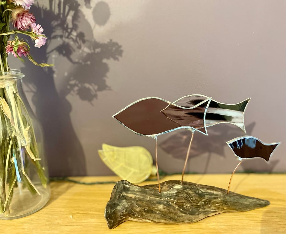 Stained glass fish (various colours)  on driftwood base sculpture