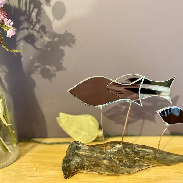 Stained glass fish (various colours)  on driftwood base sculpture