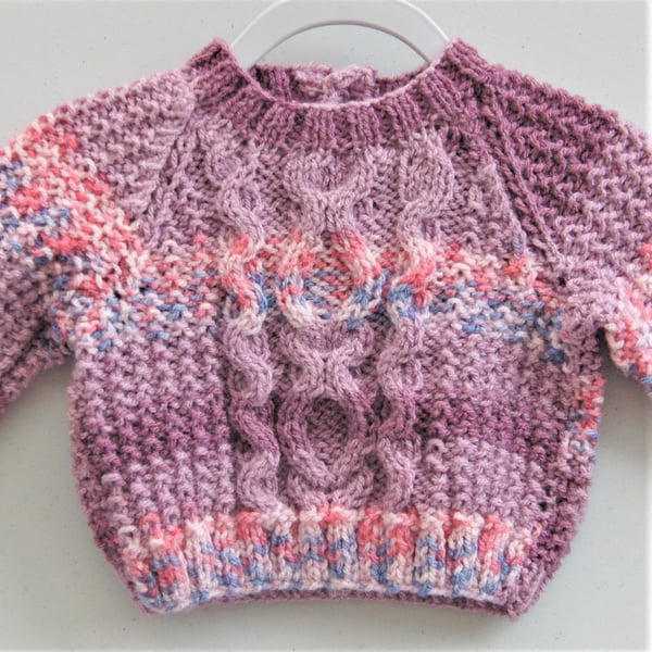 Purple Mix Hand Knitted Cabled Baby's Jumper, Baby Shower Gift, New Baby Gift