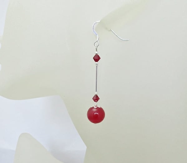 Long Dark Red Jade Beaded Earrings With Sterling Silver Tubes & Crystals