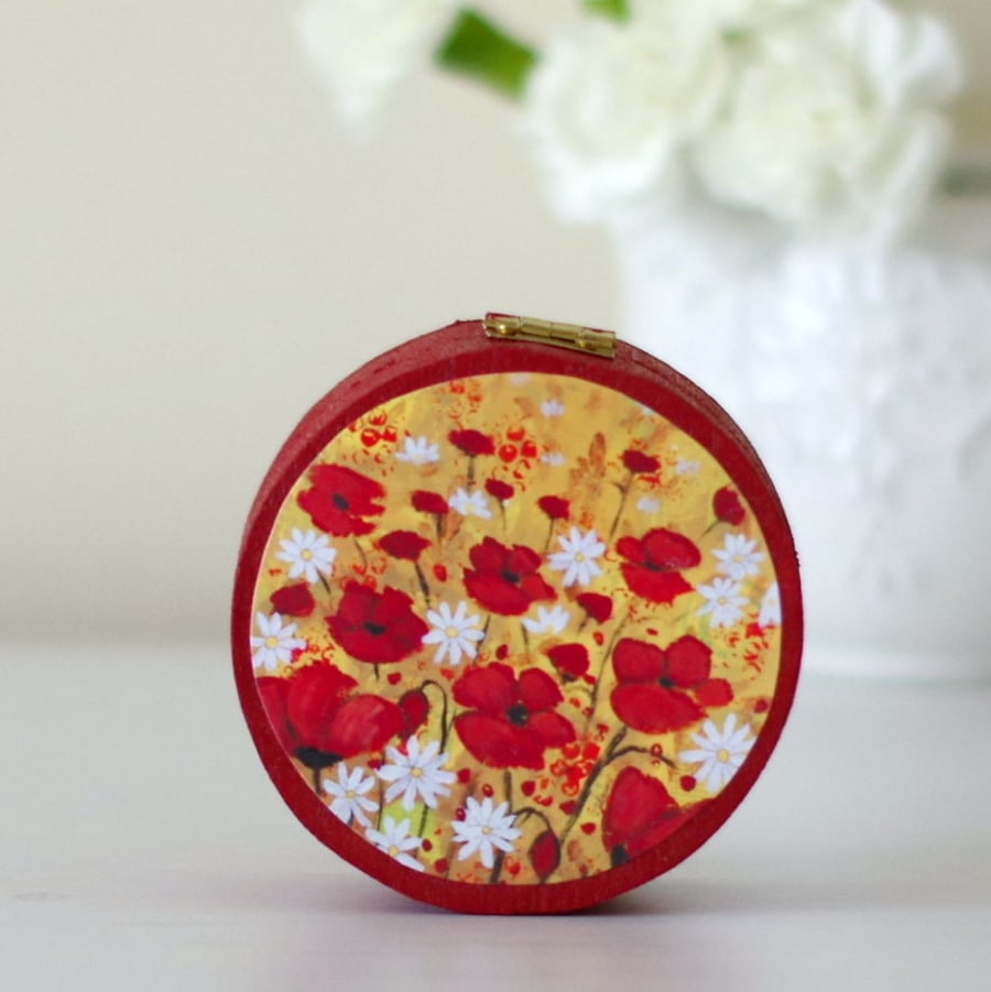 Red Poppy Trinket Jewellery Box with Art Print, Red Small Round Decorative Box