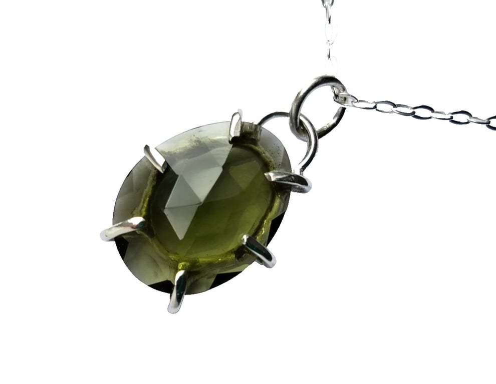 Moldavite Necklace Sterling Silver Rose Cut Tektite Pendant in Gift Box