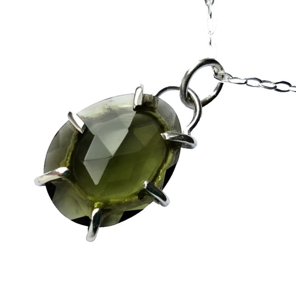 Moldavite Necklace Sterling Silver Rose Cut Tektite Pendant in Gift Box