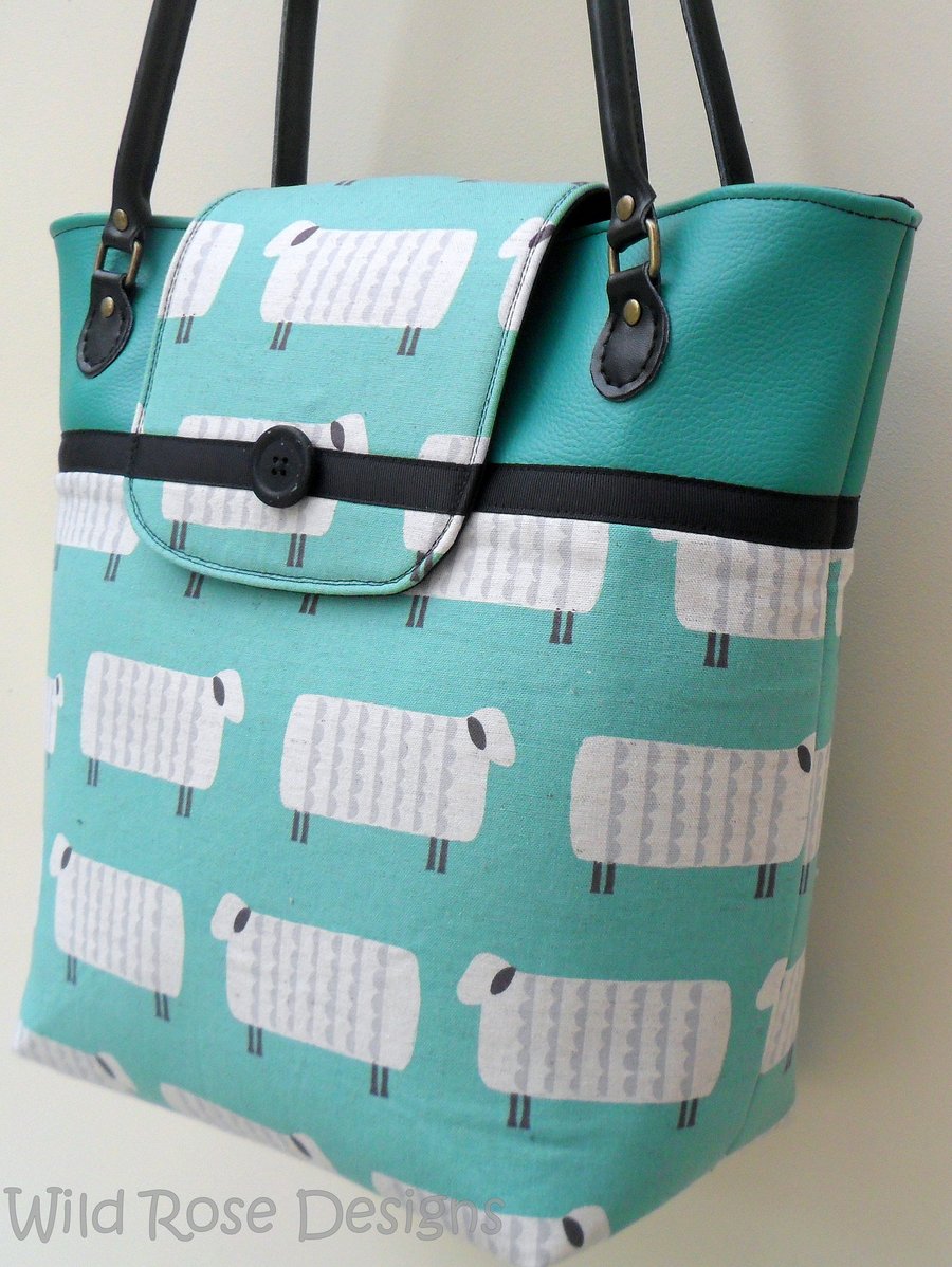 Mint green 'sheep' design tote, shoulder bag