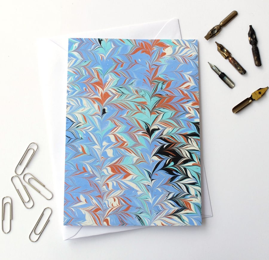 Beautiful marbled paper art greetings card metallic non pareil chevron pattern