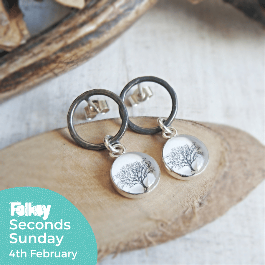 Seconds Sunday - Oxidised Sterling Silver Circle Studs with Tree Charms