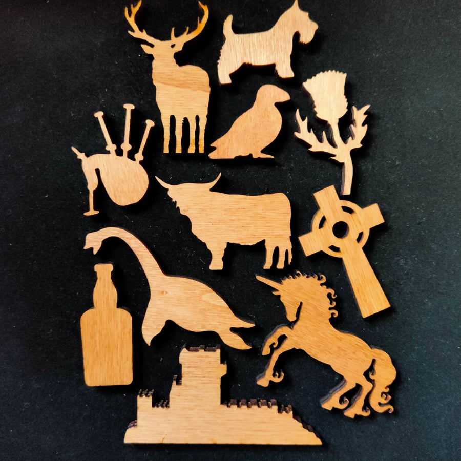 Scotland in your Pocket!  Ten miniature wooden Scottish icons.