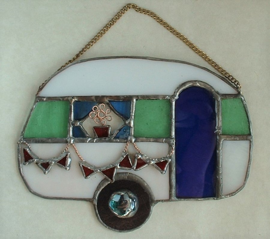 "Happy Camping" Stained Glass Caravan Suncatcher Wall Art