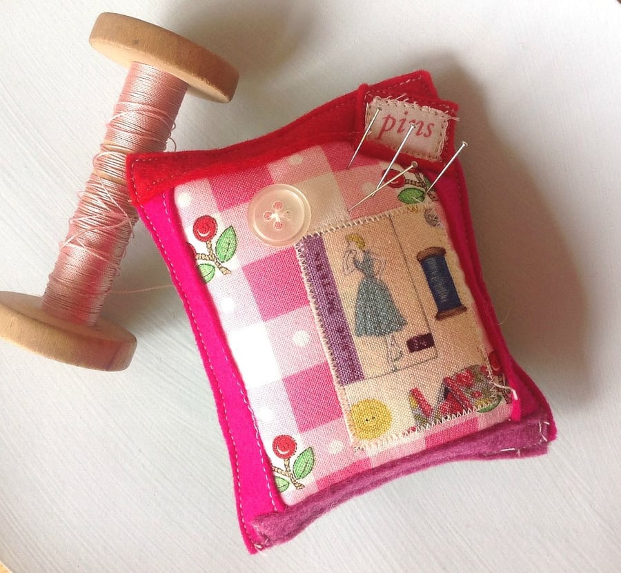 Pin Cushion, Handmade Using Colourful Fabric And Felt