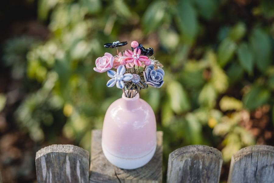 Pink and Black Glitter Bouquet in Pink Ceramic Vase - Glass Flower Vase - Handma