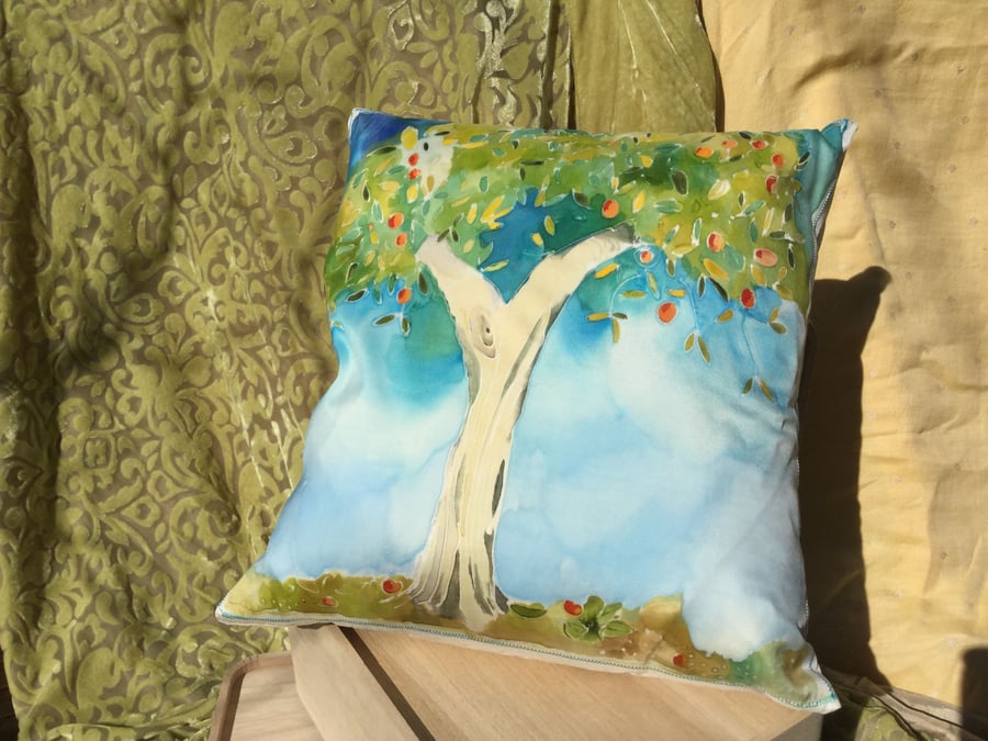 Silk cushion with original one off painting of a tree in the sunshine.