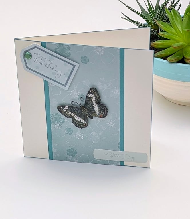 Butterfly card, handmade Birthday card for her in teal tones 