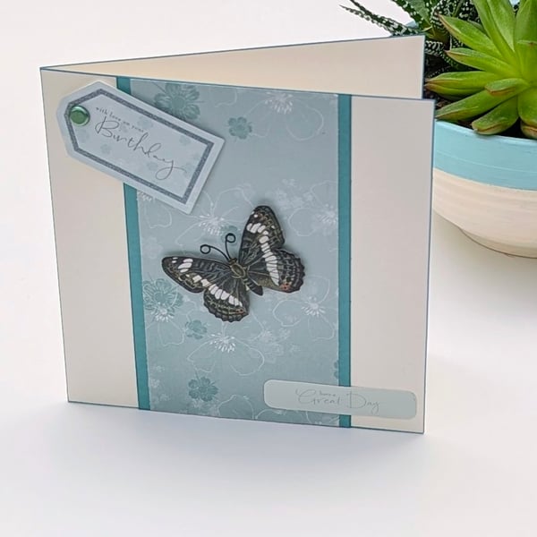 Butterfly card, handmade Birthday card for her in teal tones 