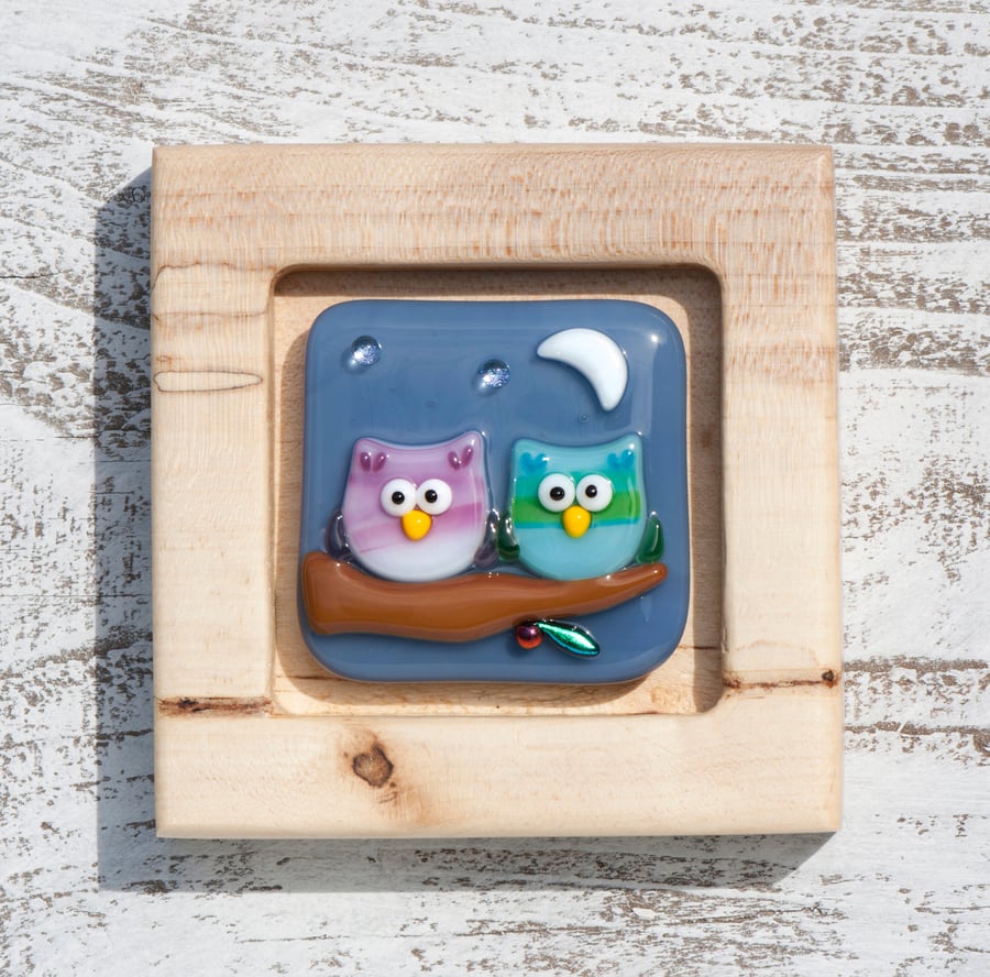 Fused Glass Picture - Two Little Owls under the Moon & Stars