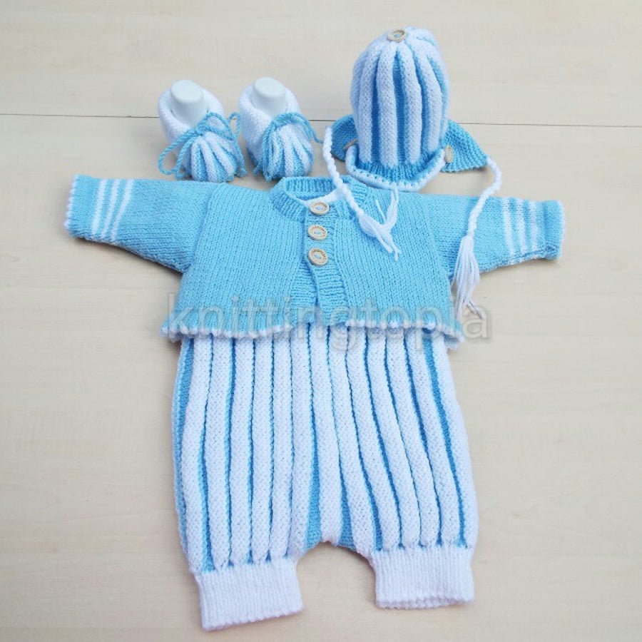 Hand knitted baby stripe romper cardigan hat and booties set 0 - 3 months 