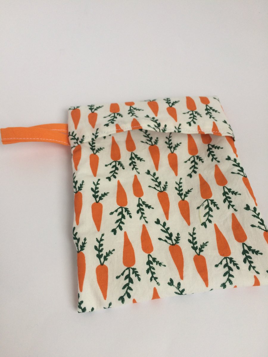 Large reusable snack holder for food on the go. Carrot Cotton and PUL fabric