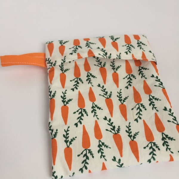 Large reusable snack holder for food on the go. Carrot Cotton and PUL fabric