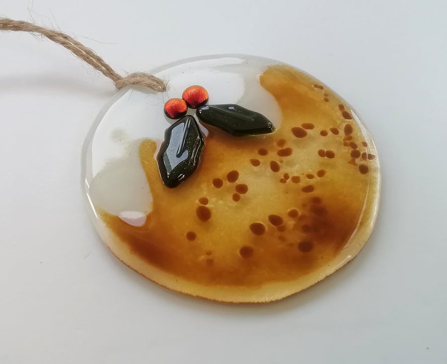 Tree decoration, pudding tree hanger, festive decor, fused glass ornament. 
