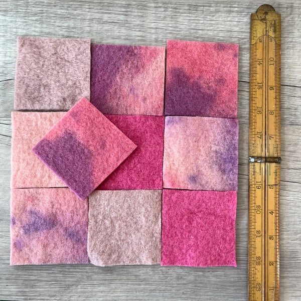 10 Dyed Vintage Wool Felt Pieces  3 Inch Squares Pinks and Purples 