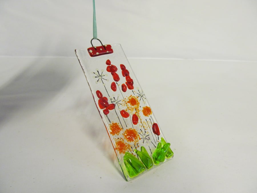 Country Hollyhocks Fused Glass Suncatcher (Red)