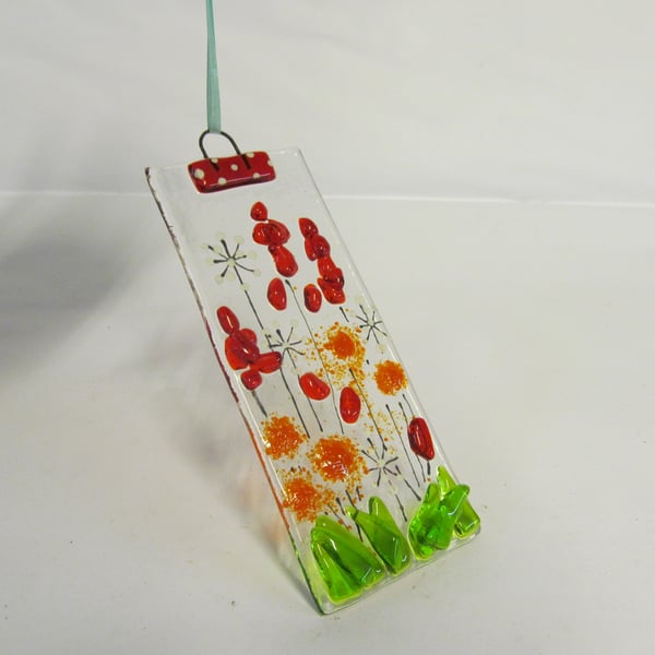 Country Hollyhocks Fused Glass Suncatcher (Red)