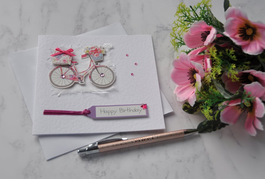 Bicycle Birthday Card Pink Flower Basket and Gifts 3D Luxury Handmade Card 1
