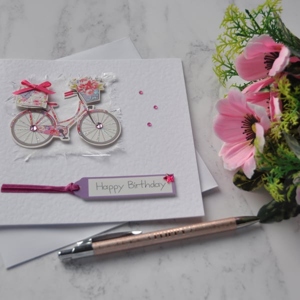 Bicycle Birthday Card Pink Flower Basket and Gifts 3D Luxury Handmade Card 1