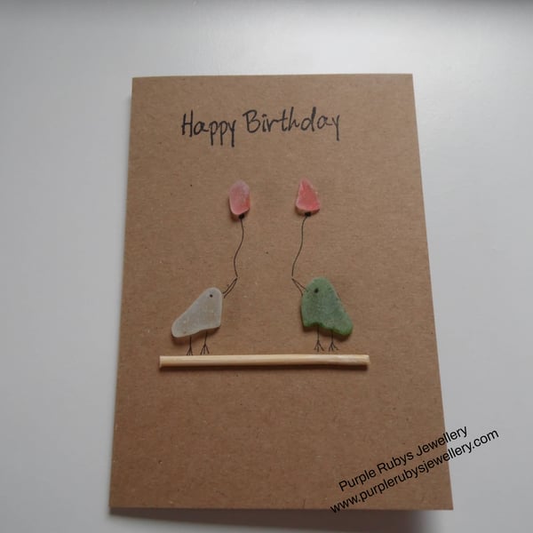 Sea Glass Happy Birthday Green Birds with Red Balloons C247