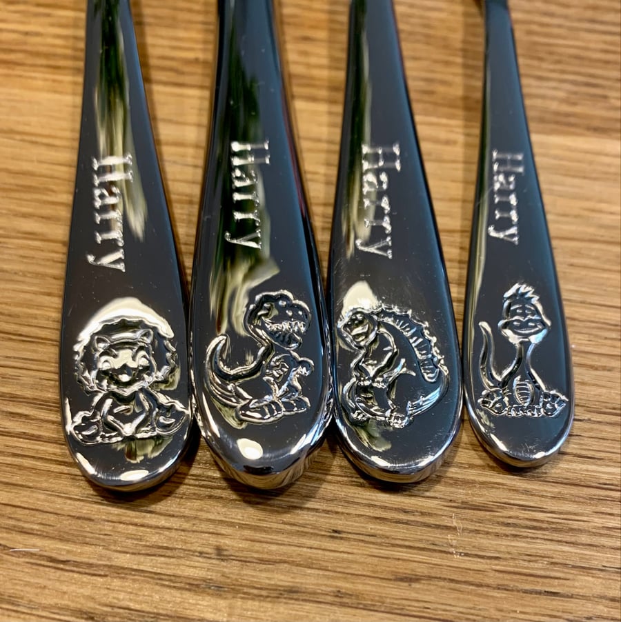 Dinosaur Personalised Engraved Childrens  4 Piece Cutlery set in Bespoke Giftbox