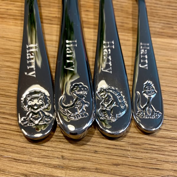Dinosaur Personalised Engraved Childrens  4 Piece Cutlery set in Bespoke Giftbox