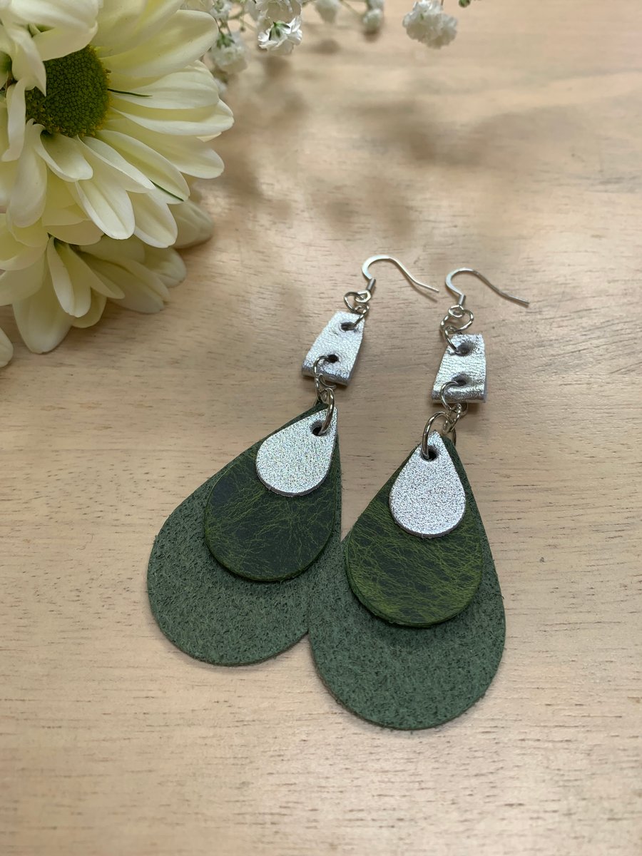 Handmade green leather dangle earrings free gift wrap 