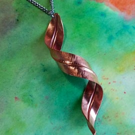 Spiral Twisted Leaf Long Copper Pendant on a Curb Chain