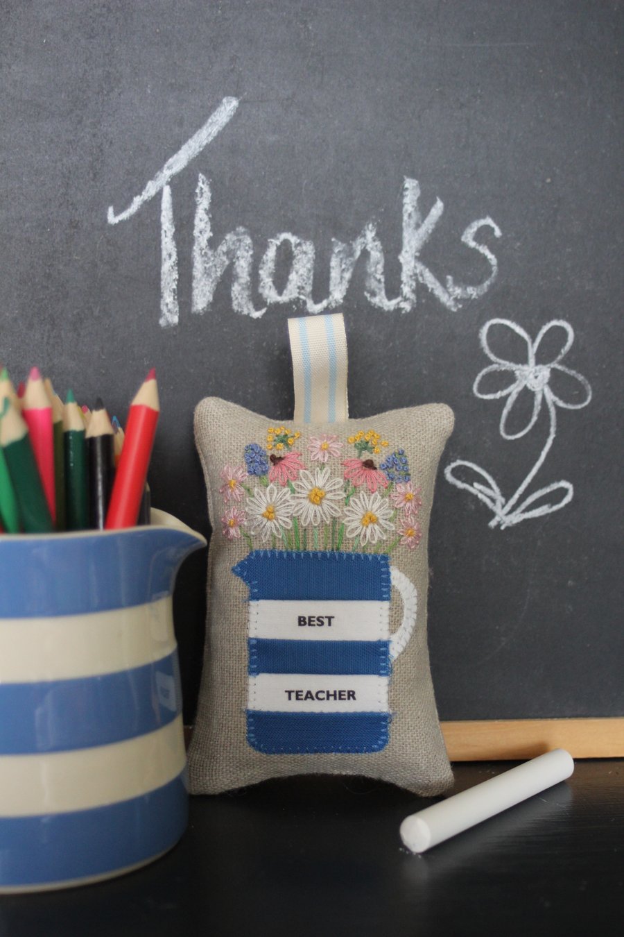 Blue 'Best Teacher' stripy hand-embroidered lavender bag