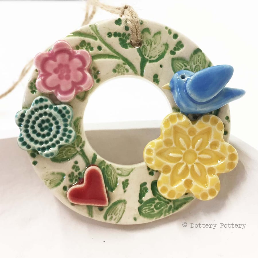 Small ceramic floral wreath decoration with bird and flowers pottery bird Create