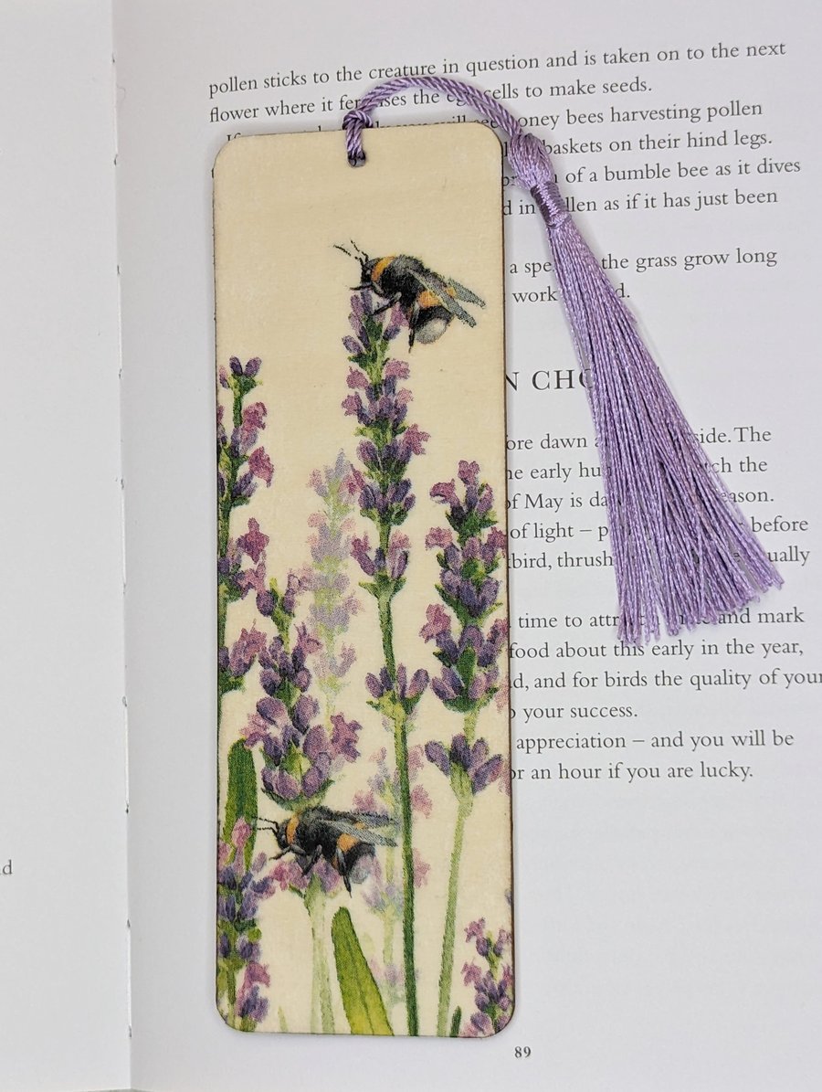 Wooden bookmark, bees and lavender, pretty gift for her