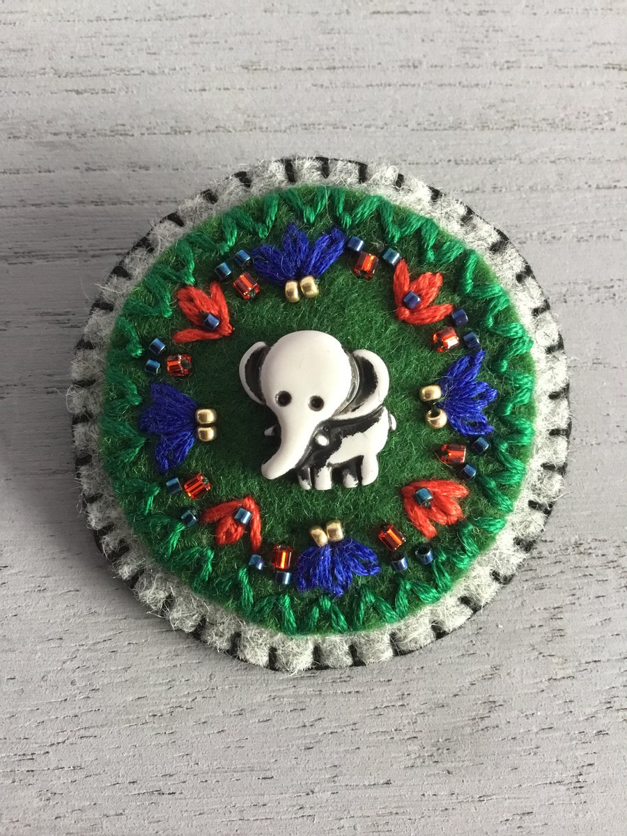 Hand Embroidered African Elephant Brooch 
