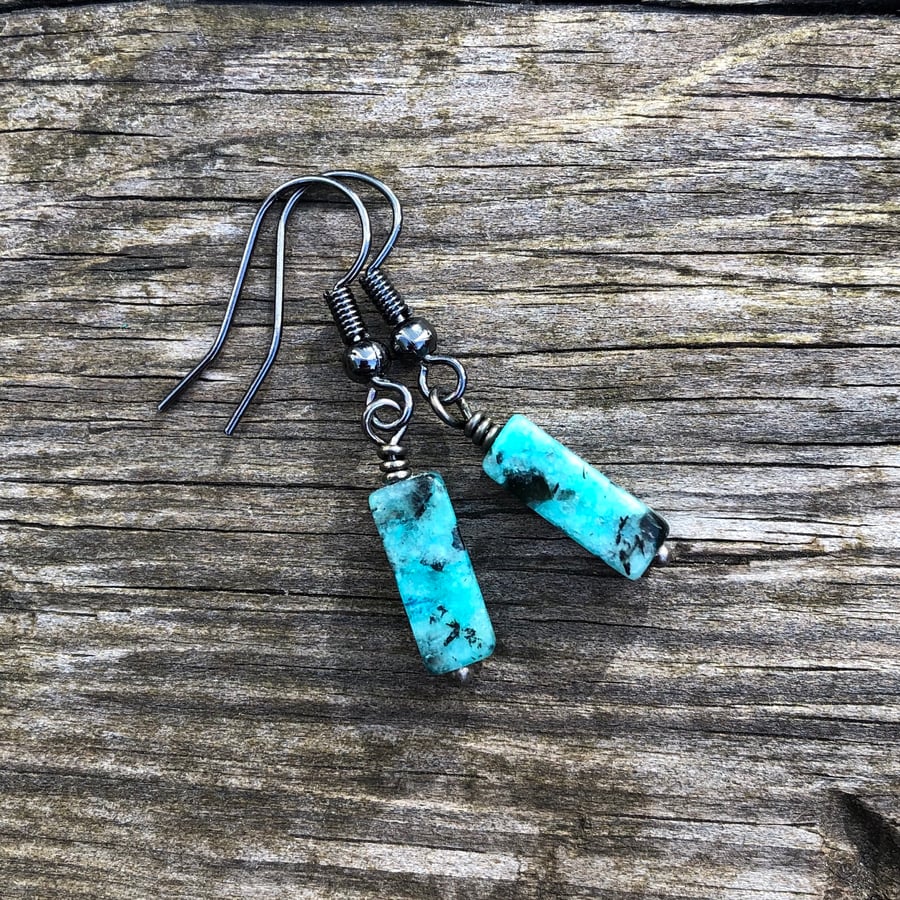 Turquoise Natural Stone Tube Earrings. Black Antique Earrings