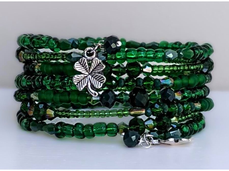 Memory Wire Seed Beaded and Crystal Bracelet with Clover Charm