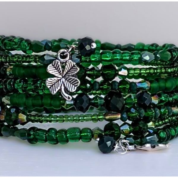 Memory Wire Seed Beaded and Crystal Bracelet with Clover Charm