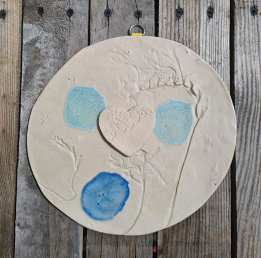Circular Floral Wall Hanging with Lace Heart & Pools of Blue